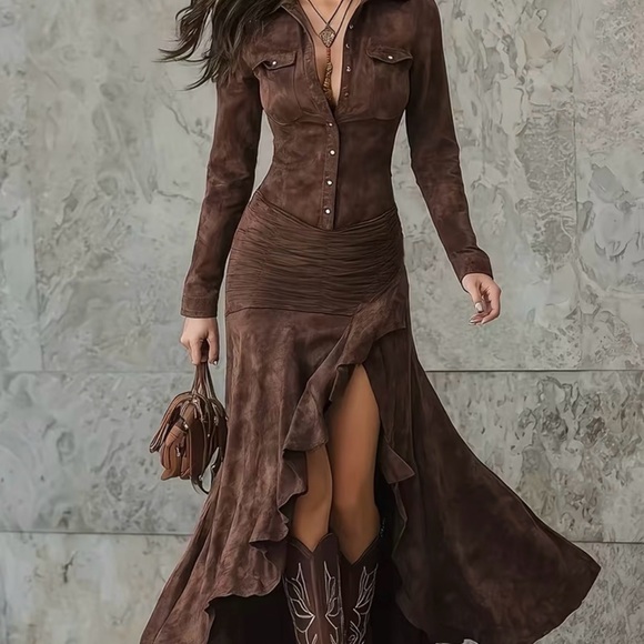 Dresses & Skirts - Elegant Brown Long Sleeve Dress